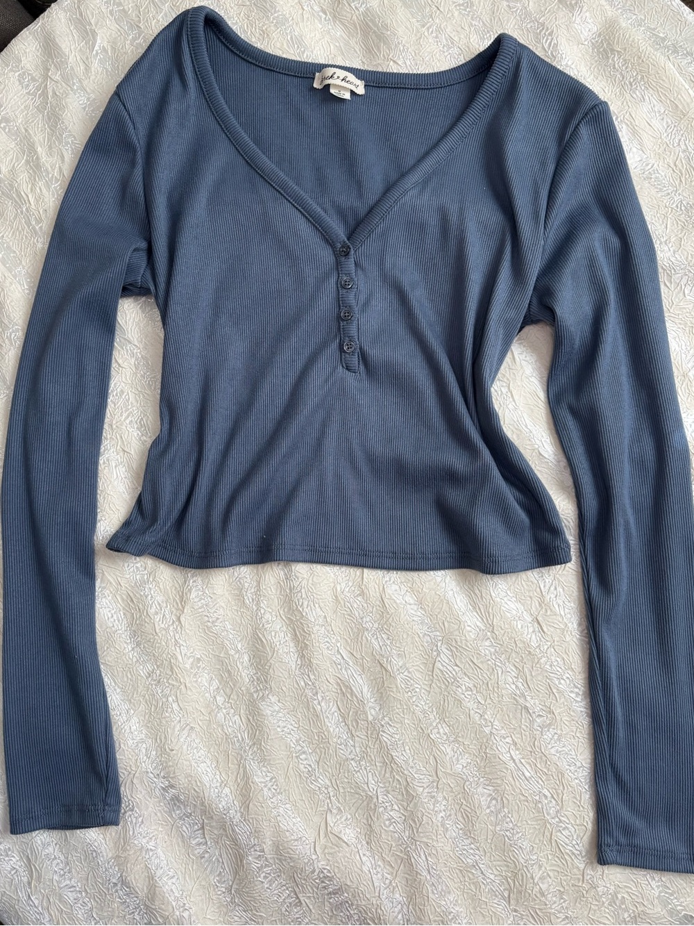 Derek Heart Slate Blue Ribbed Henley Long Sleeve Top